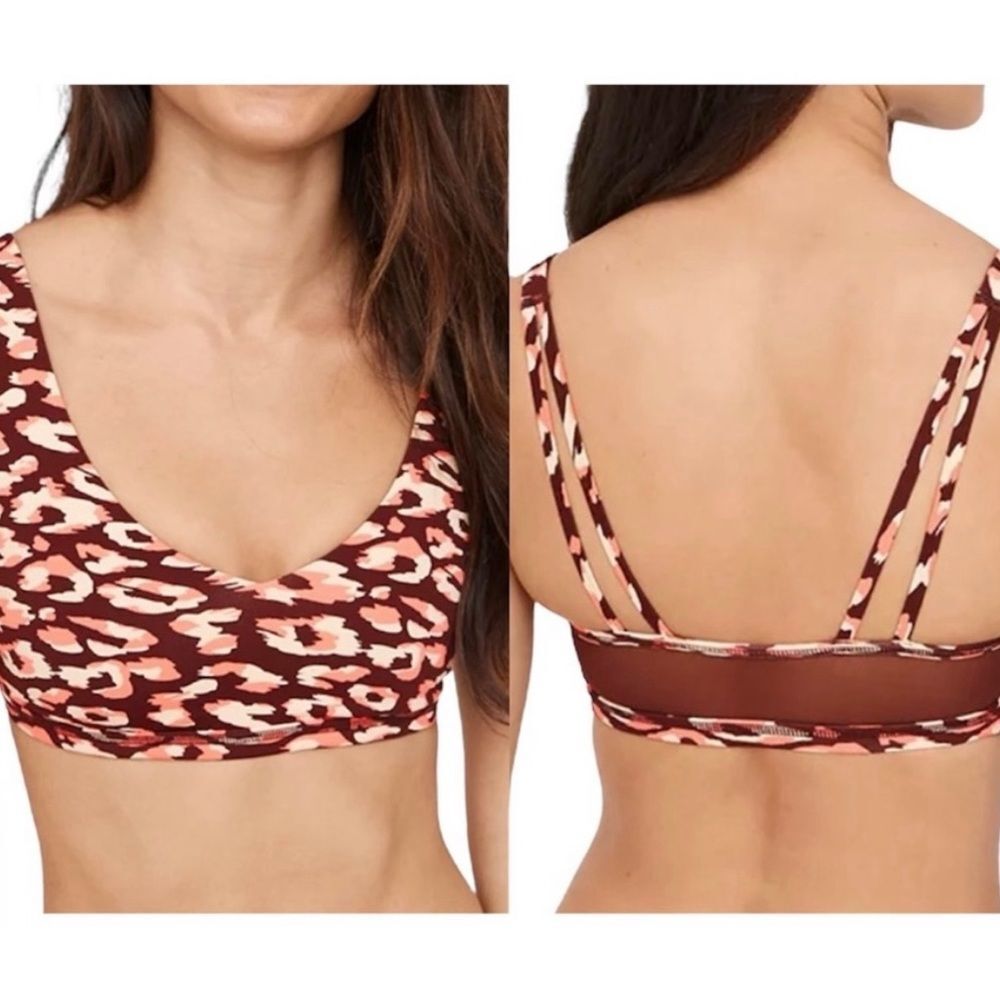 Aerie Offline Leopard Print Mesh Back Plunge Sports‎ Bra Red Pink XS NEW